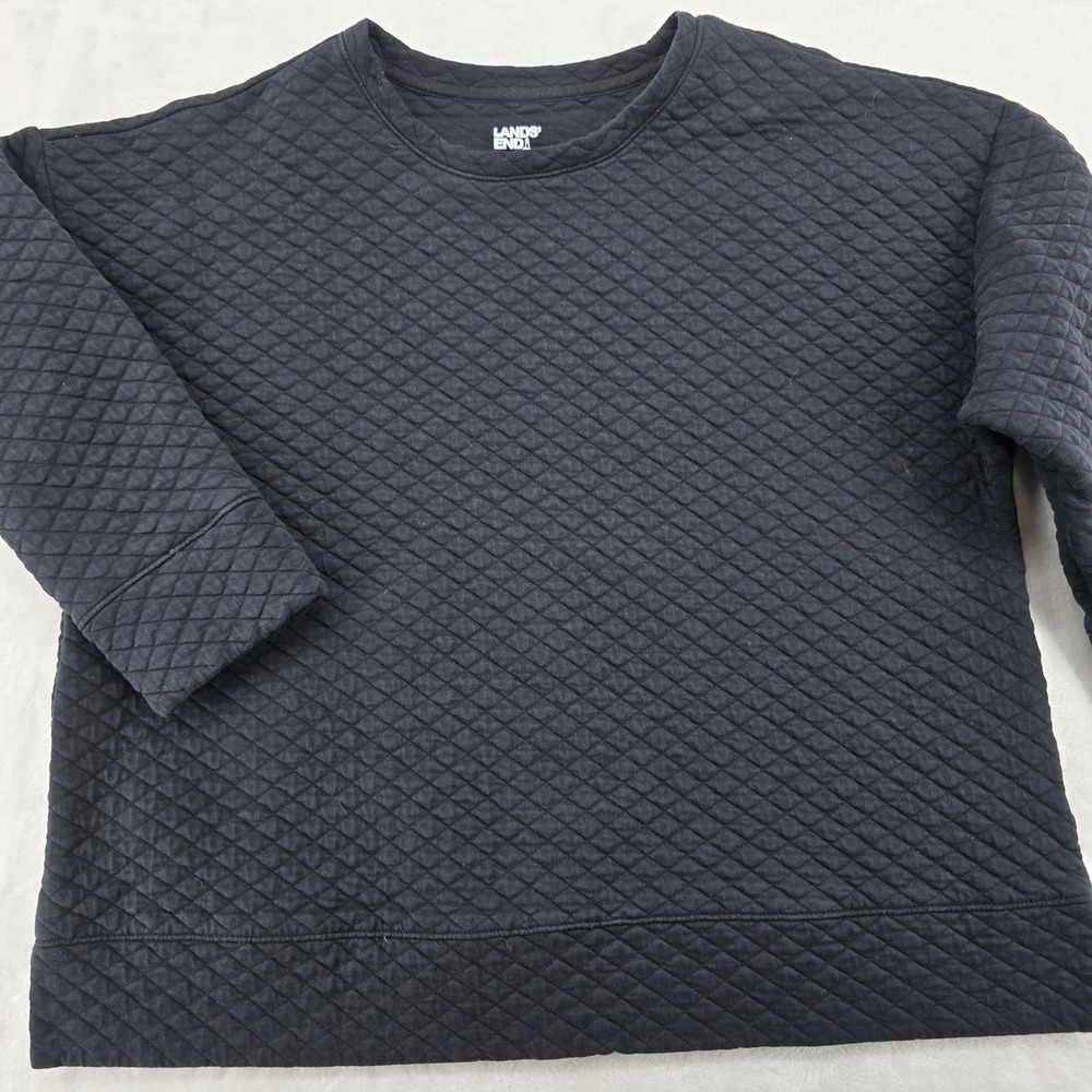 Lands' End Quilted Sweatshirt Womens XL/P 18 Pullover Black Diamond Pattern